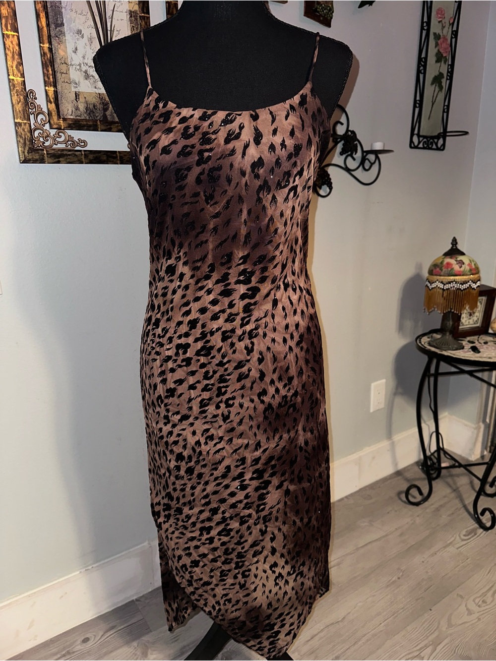 Vintage Y2K 90s Eye Candy Black Brown Animal Print Strappy Maxi Dress, M